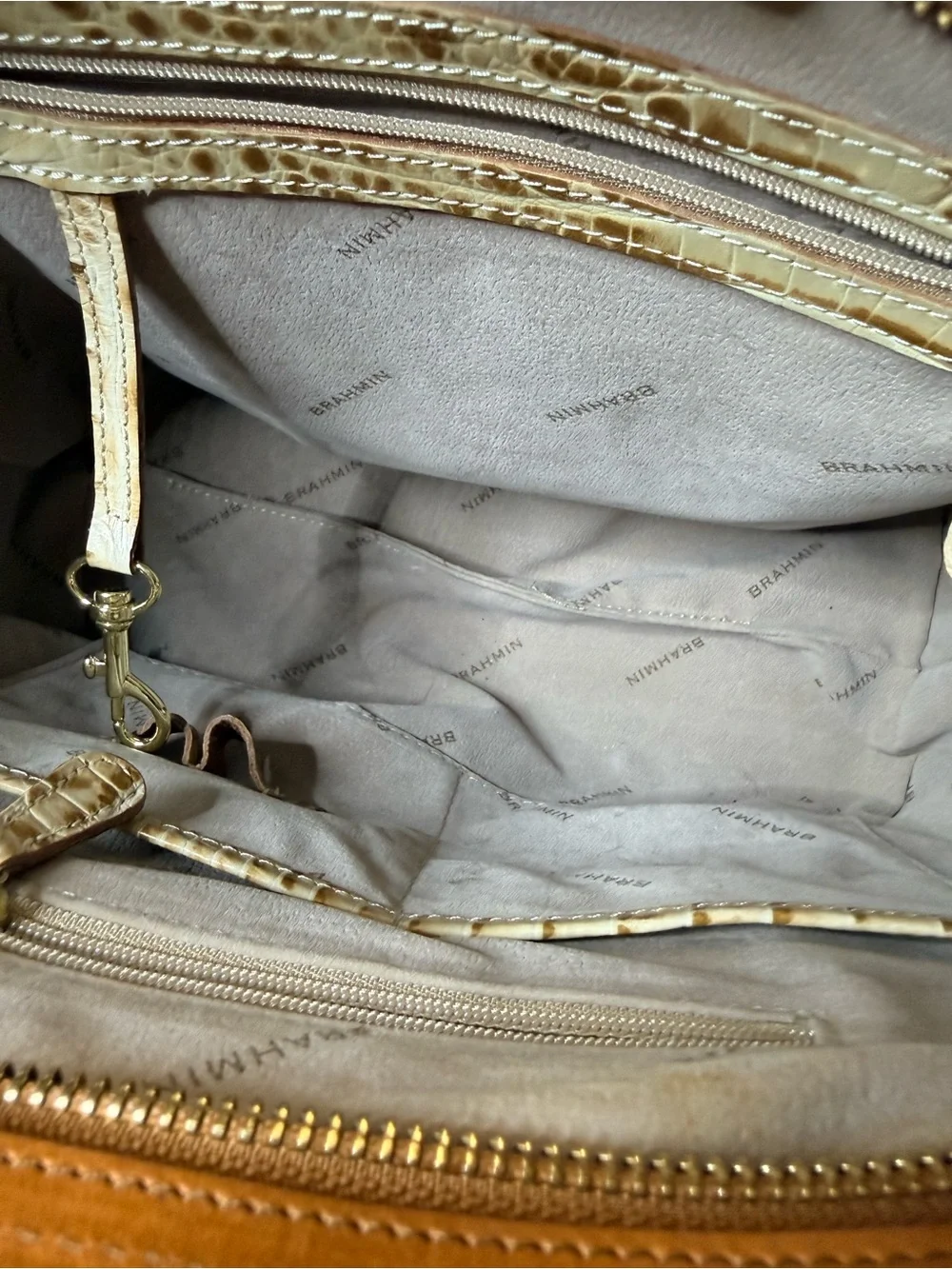 Brahmin Cream Croc-Embossed Satchel with Tan Trim
